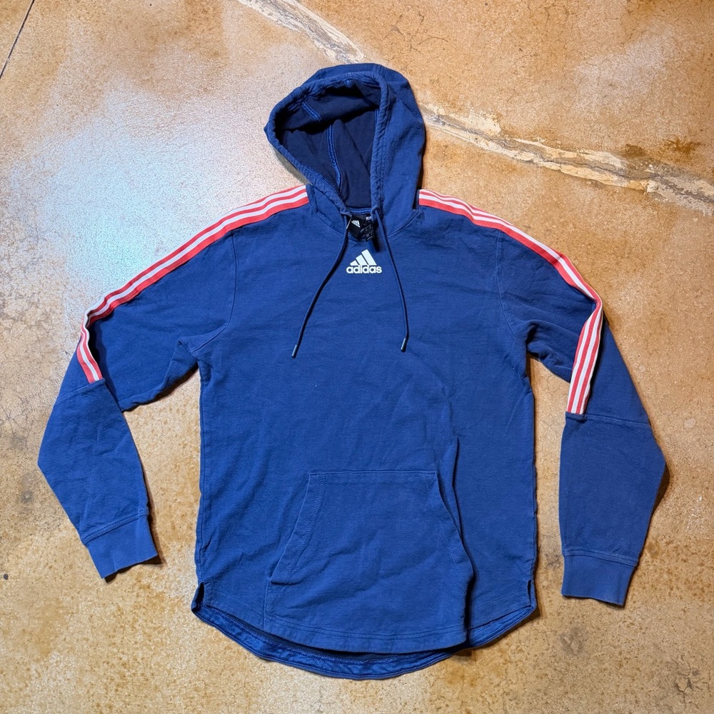 Adidas Vintage Blue Hoodie with Red Stripes